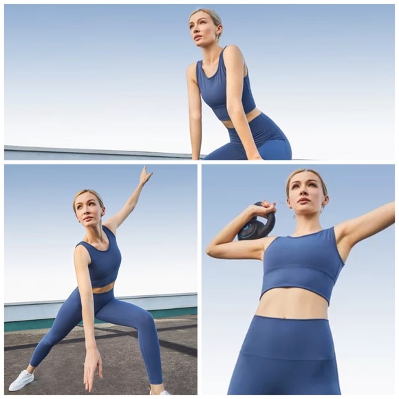 Ocean Blue Yoga Sport Halter Low Back Crop Top - Picture 6 of 16